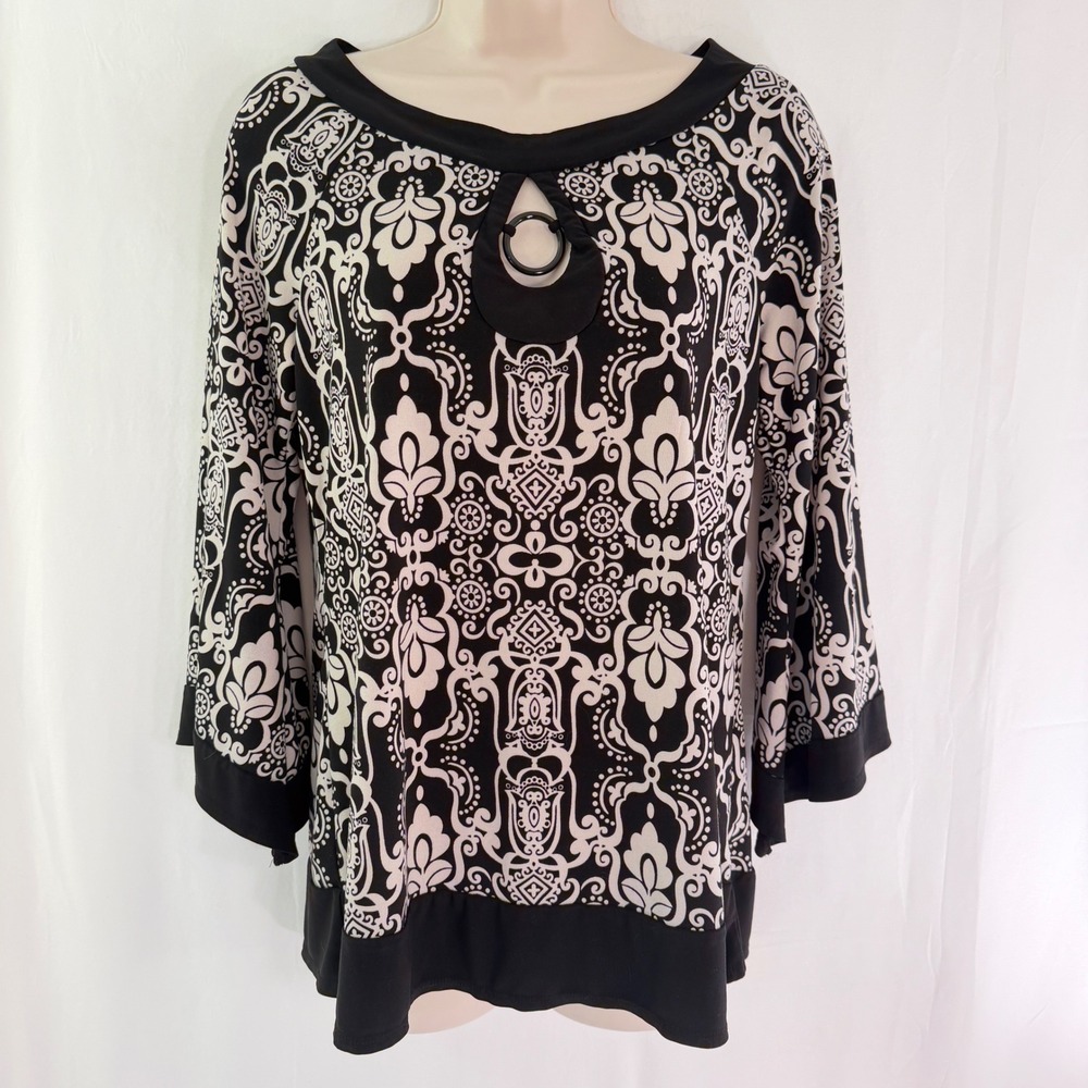 Cato Womens Black White Damask Paisley Keyhole Bell Sleeve Blouse Top Medium